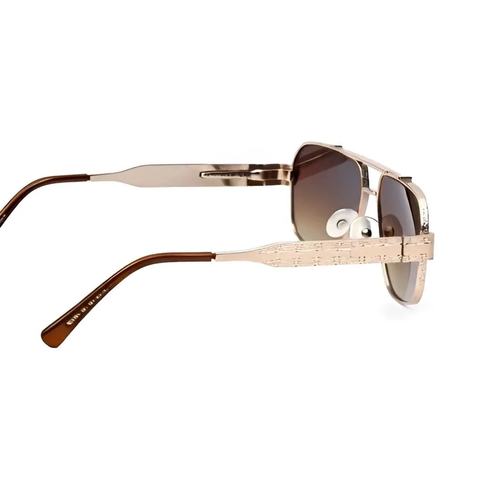 Mens Square Aviator Sunglasses Gold Metal Frame Brown  Lens Double Bridge Hiphop